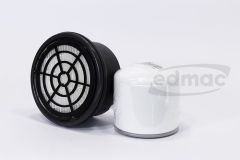 Two cylindrical filters from the Kaeser A-Kit 96000373 are displayed on a white surface featuring a faint edmac logo: one has a black rim with a white mesh center, while the other is a plain white cylinder.