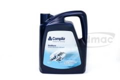 A 5-liter SCWOBG2-5N CompAir Screw Oil 4000H container features a handle, spout, and a blue and white label with the brand logo and metal component images.
